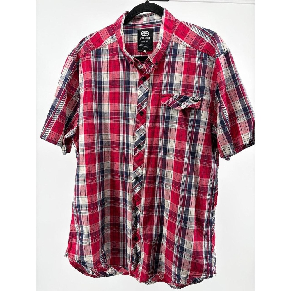Ecko Unltd Button Up Shirt, Red/White/Blue Plaid Short Sleeves Urban, Mens Sz‎ M